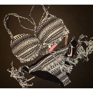 Victoria's Secret 34A BIKINI XS,S Black white geometric Bead Reversible GORGEOUS